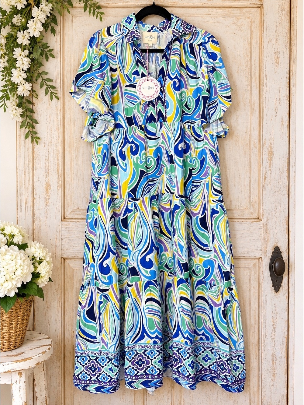Umgee Size Small Colorful Paisley Tiered Midi Dress Flutter Sleeve Lined NWT